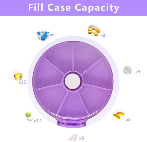 INVODA Weekly Pill Organizer, 7 Day Pill Dispenser with 3 Times Compartments, Push Button Rotate, Purple