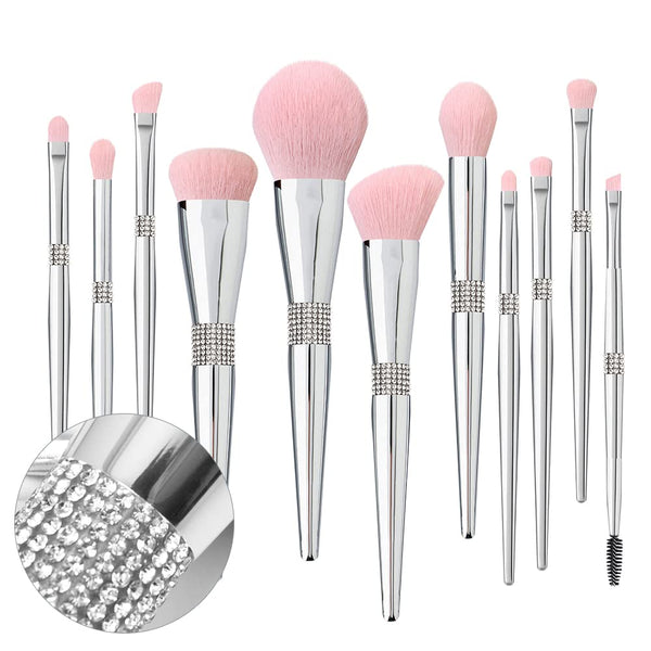 Professional Makeup Brush Set - Luxury 11pcs Silver Glitter Crystal Kit with Vegan Soft Synthetic Hair