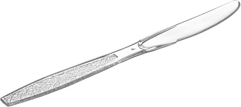 Comfy Package [100 Pack Clear Plastic Knives Heavy Duty with Engraved Design - Plastic Knives Disposable, Sturdy Plastic Silverware for Parties, Weddings, and Events by Comfy Package