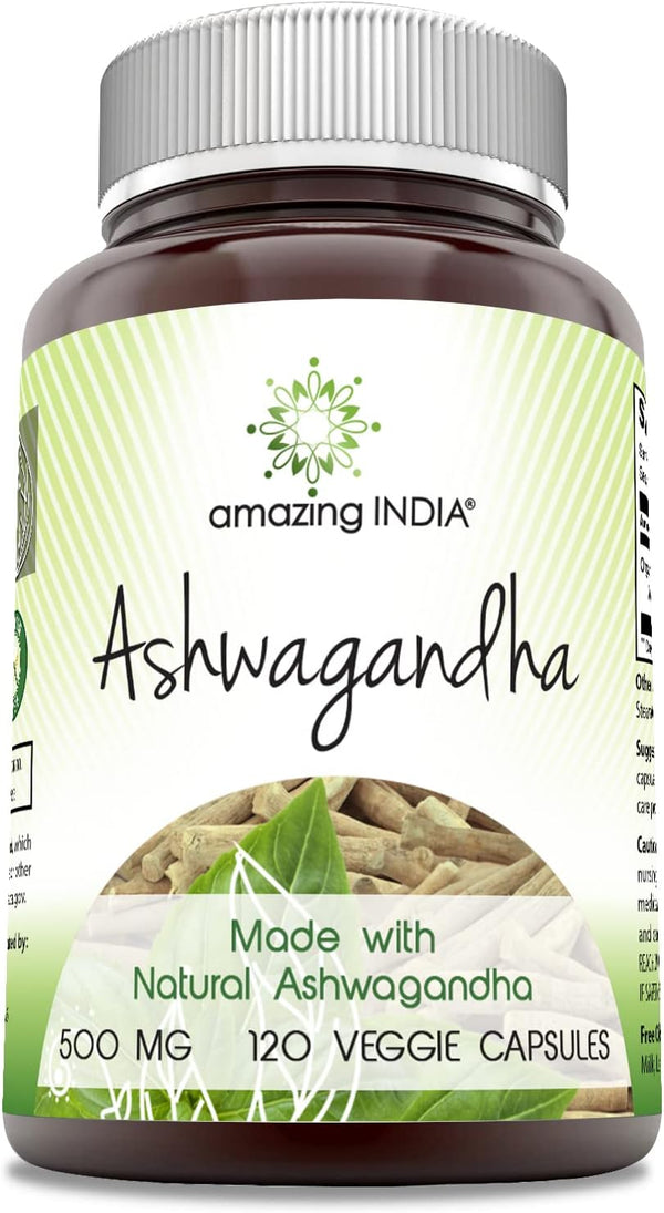 Amazing India Ashwagandha Supplement | 500 Mg Per Serving | 120 Veggie Capsules | Gluten Free, Non-GMO