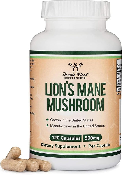 Organic Lions Mane Mushroom Capsules, 120 Count, for Brain Support and Immune Health, by Double Wood