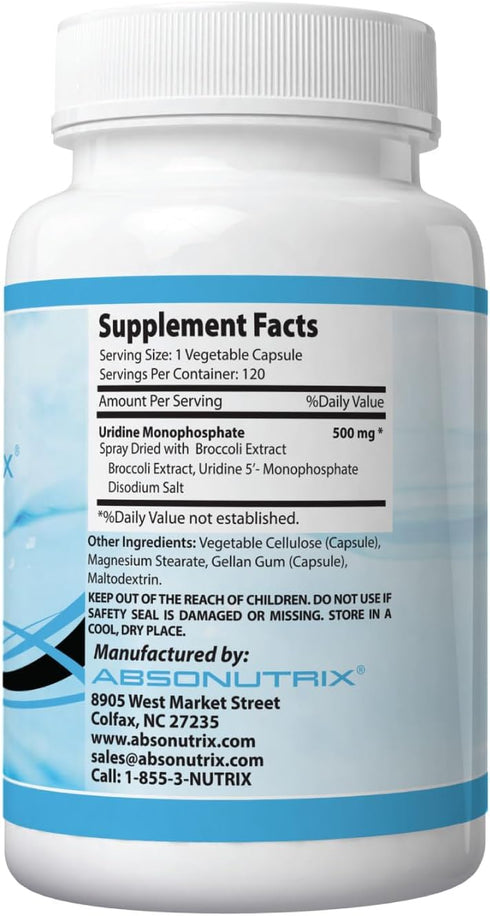 Absonutrix Uridine Monophosphate (Choline Enhancer) - 500mg per Capsule, 120 Vegetable Capsules Made in USA