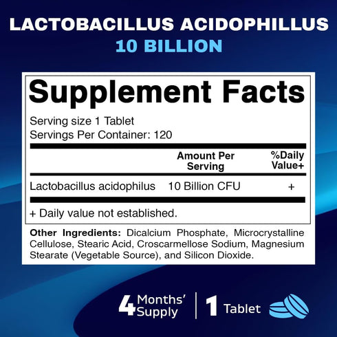 Vitamatic Acidophilus Probiotic - 10 Billion CFU - 5X Potency - Daily Probiotic Supplement, Supports Digestive Health - 120 Tablets