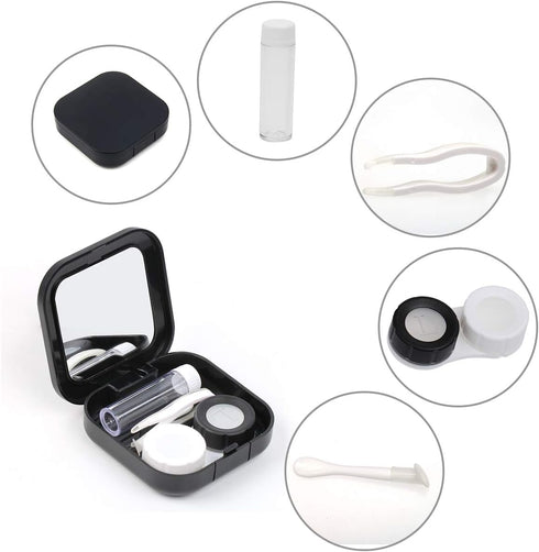 AHIER Portable Contact Lens Case Travel Kit, Mirror + Bottle + Tweezers Holder, Black