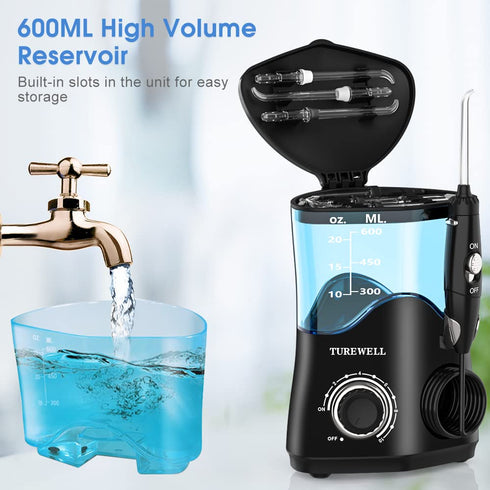 TUREWELL FC162 Water Dental Flosser for Teeth/Braces - 10 Pressure Levels, 8 Water Jet Tips, 600ML Electric Irrigator