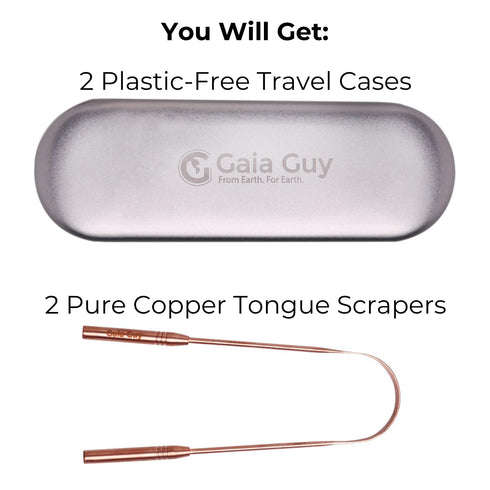 Gaia Guy Copper Tongue Scraper, 2 Pack with Metal Case, Plastic Free Tongue Cleaners for Adults