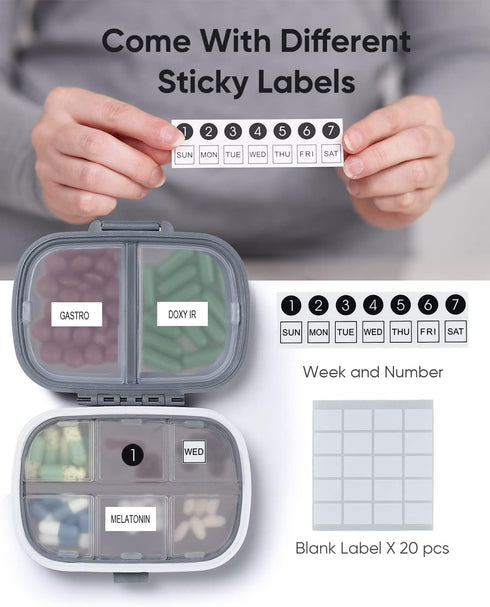Holii Travel Pill Organizer, 8 Compartments Portable Pill Case, Daily Pill Box to Hold Vitamins, Small Pill Container for Pocket Purse Medicine Organizer(Gray)