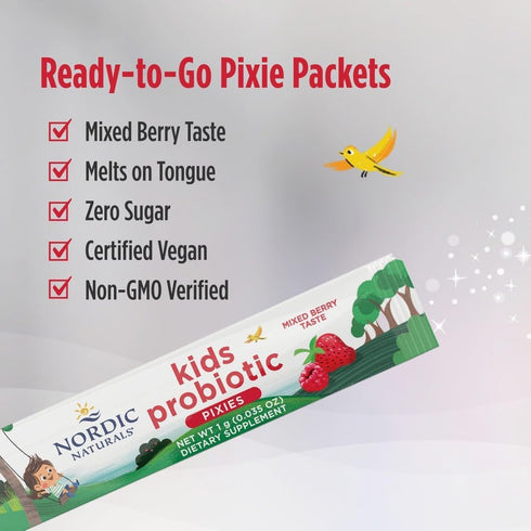 Nordic Naturals Kids Probiotic Pixies, Mixed Berry, 30 Packets, 3 Billion CFU for Digestive Wellness