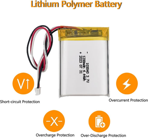 HRYHWASE 3.7V 1200mAh 103040 Pack PH2.0 Lithium Polymer Battery Lipo Rechargeable Replacement Lithium Ion Battery