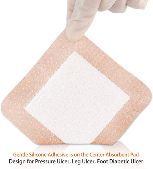Silicone Foam Dressing with Gentle Adhesive Border 6''x6'', 5 Pack Waterproof Bandage for Pressure Ulcer