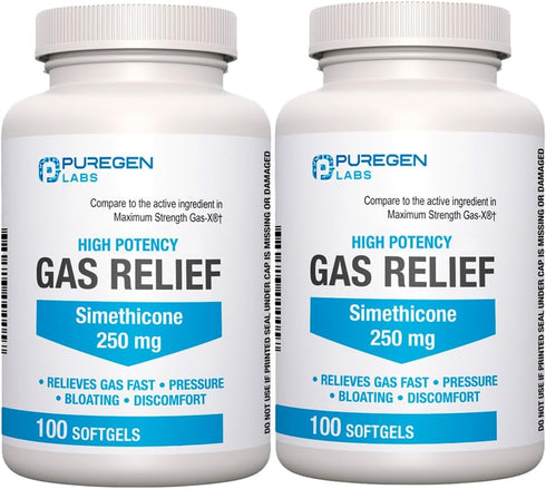 P Puregen Labs High Potency Gas Relief Softgels, Simethicone 250 mg for Pressure, Bloating, 200 Count