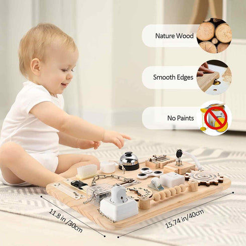 Wooden Busy Board for Toddlers - Montessori Sensory Activity Board for Fine Motor Skills and Early Learning - Travel