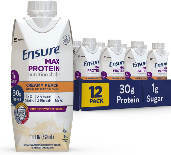 Ensure Max Protein Nutrition Shake Liquid, with 30g of Protein, 1g of Sugar, High Protein Shake, Creamy Peach, 11 fl