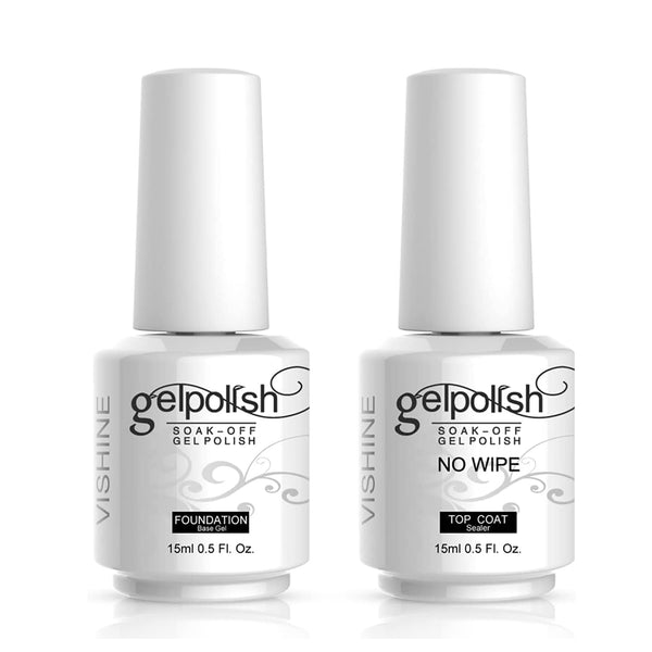 Vishine 15ml No Wipe Top Coat Base Coat, Long Lasting Shiny Nail Varnish Set for Soak Off UV LED Drying
