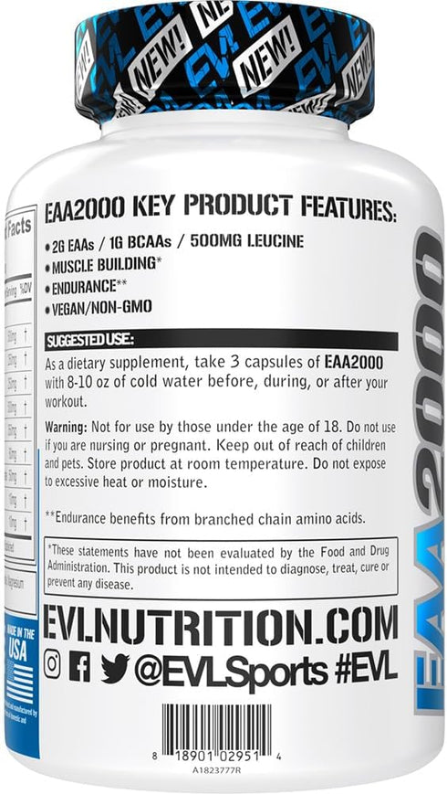 Evlution Nutrition EAA2000, Pre & Post Workout Capsules, Muscle Building + Recovery Supplement, 30 Servings