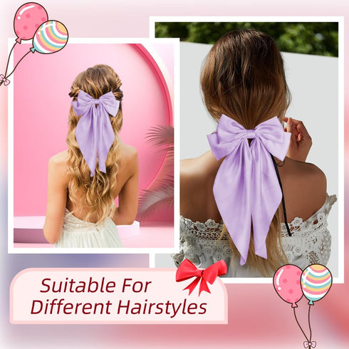 Pufandor Hair Bow Silky Satin Ribbons for Women, Purple Hair Bowknot Barrettes with Clips, Big Hair Accessories
