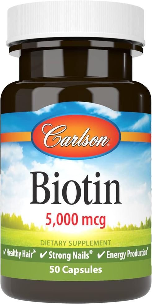 Carlson Biotin 5000 mcg - 50 Capsules for Healthy Hair, Strong Nails & Energy Production.