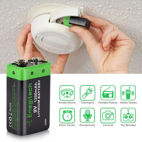 9V Lithium Battery - 9 Volt Lithium Battery 1200mAh for Smoke Detector, Fire Alarm, 4 Pack