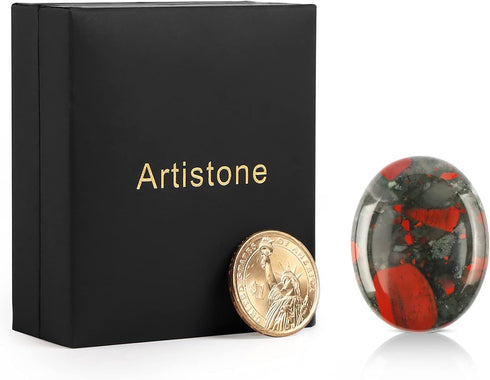 Africa Bloodstone Thumb Worry Stone by Artistone, Hand Carved Chakra Healing Crystal for Anxiety Relief, 2 inch