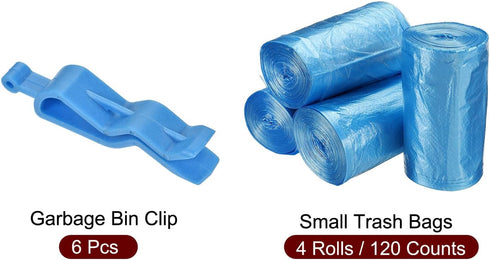 MECCANIXITY 4 Rolls 120 Counts Blue Small Trash Bags & 6Pcs Garbage Bin Clip for Home, Office, Daily Use