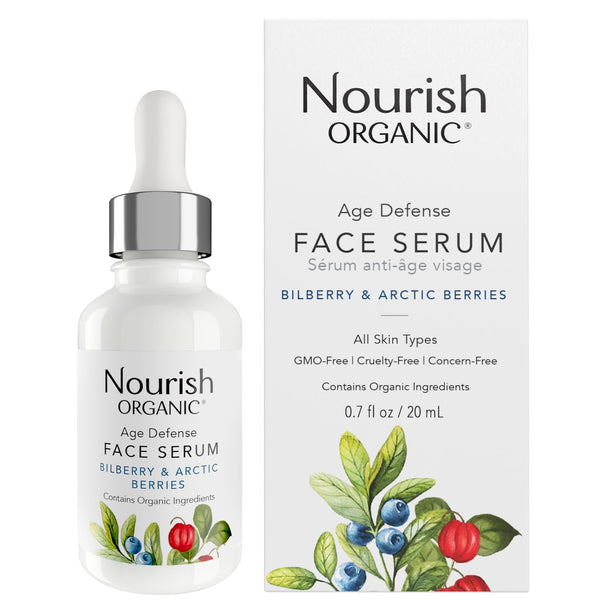 Nourish Organic Face Serum - Bilberry & Arctic Berries – Age Defense Formula with Vitamin C and A, 0.7 Oz + Washable