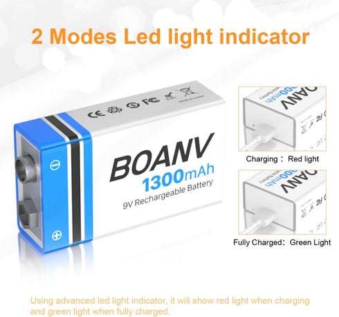 2PCS 1300mAh 9V Rechargeable Batteries with 2 in 1 Charging Cable for Smoke Detectors, Alarms, Keypad, Microphone