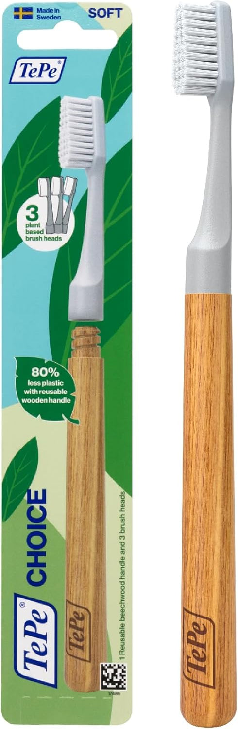 TEPE Choice Soft Toothbrush, Gray, Dental Toothbrush with 3 Replaceable Heads for Effective Teeth Cleaning
