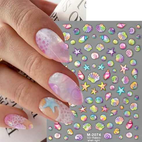 5D Summer Nail Art Stickers, Embossed Ocean Nail Decals Seashell Starfish for Luxurious Summer Nail Design Decoration