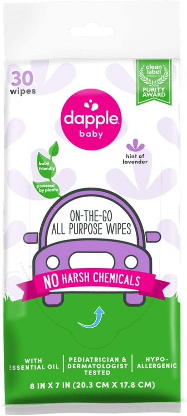 Dapple Baby All Purpose Wipes, Hint of Lavender, 30 Count Pouch (Pack of 1) - Hypoallergenic Plant Based Cleaning Wipes