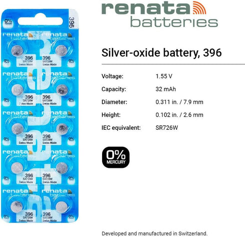 Renata 396 SR726W Batteries - 1.55V Silver Oxide 396 Watch Battery (2 Count)