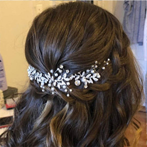 Unsutuo Silver Rhinestone Crystal Bridal Headband, Wedding Hair Vine Pearls for Women and Girls
