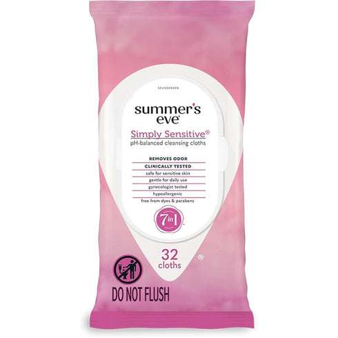 Summer's Eve Simply Sensitive Daily Gentle Feminine Wipes, Removes Odor, pH Balanced,