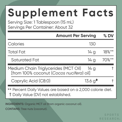 Sports Research Organic MCT Oil - Vegan & Keto C8, Non-GMO, Gluten Free, Flavorless Oil, 16 oz