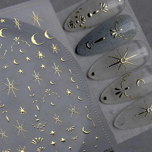 Moon Star Nail Art Stickers, 3D Gold Bronzing Self-Adhesive Nail Decals for Luxury Nail Design and DIY Nail Art Supplies