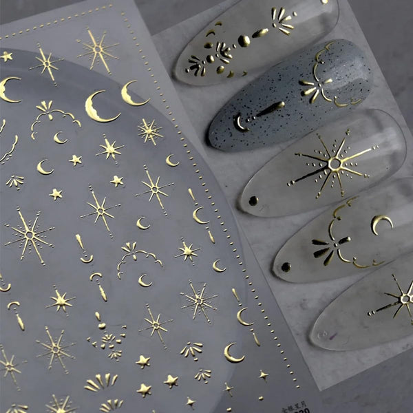Moon Star Nail Art Stickers, 3D Gold Bronzing Self-Adhesive Nail Decals for Luxury Nail Design and DIY Nail Art Supplies