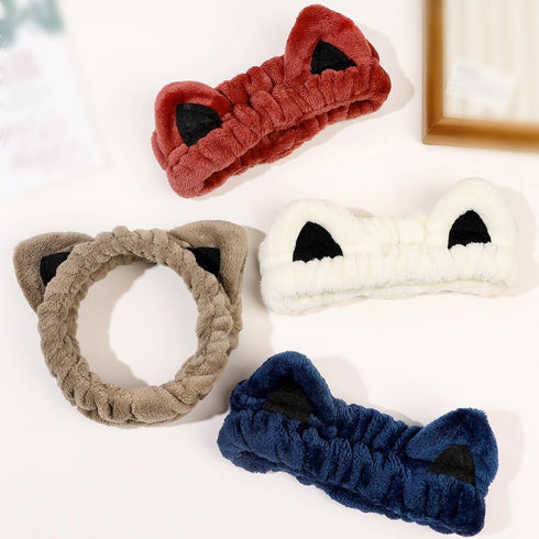 Huachi 2 Packs Cute Cat Spa Headband: Soft Coral Fleece Facial Wash Hair Accessories for Women & Girls (Beige+ Khaki)
