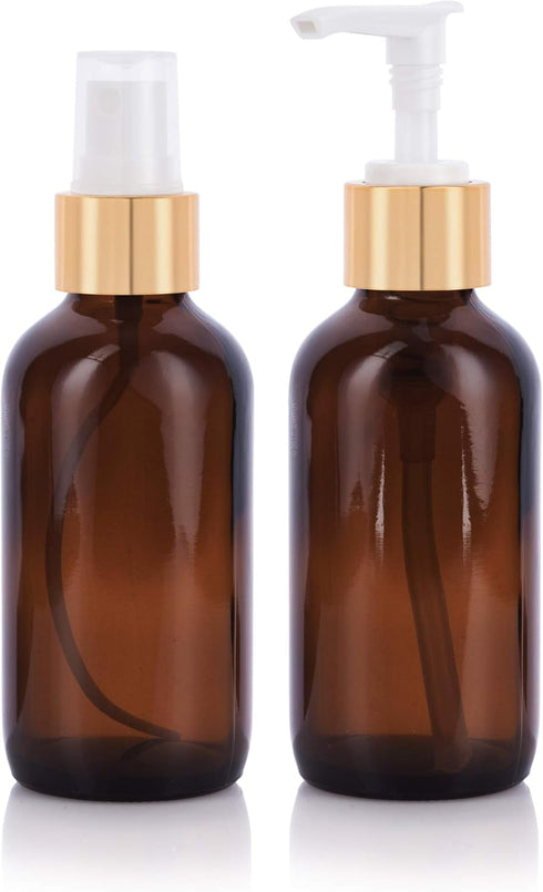 JUVITUS 4 oz Amber Glass Boston Round Bottle Set with Gold Metal Lotion Pump and Fine Mist Sprayer