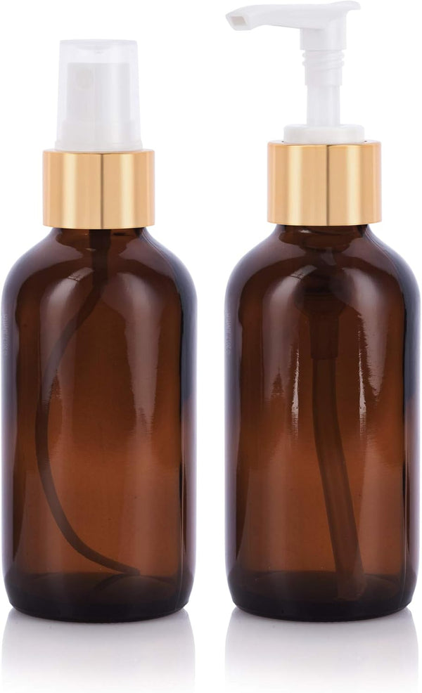 JUVITUS 4 oz Amber Glass Boston Round Bottle Set with Gold Metal Lotion Pump and Fine Mist Sprayer