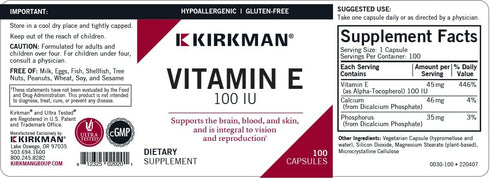Kirkman Vitamin E 100 IU - 100 Vegetarian Capsules, Hypoallergenic, Gluten Free, Casein Free, Soy-Free, Immune Support