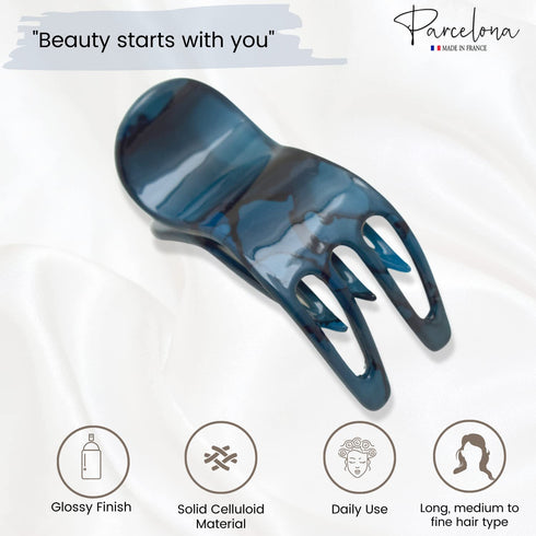 Parcelona French Bear Paw Medium 3” Celluloid Acetate Non Slip Jaw Yoga Hair Accessories for Fine Hair (Pickled Blue)