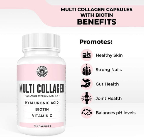 Collagen Capsules with Biotin, Hyaluronic Acid, Vitamin C - 120 Count Hydrolyzed Multi Collagen Peptide Supplement