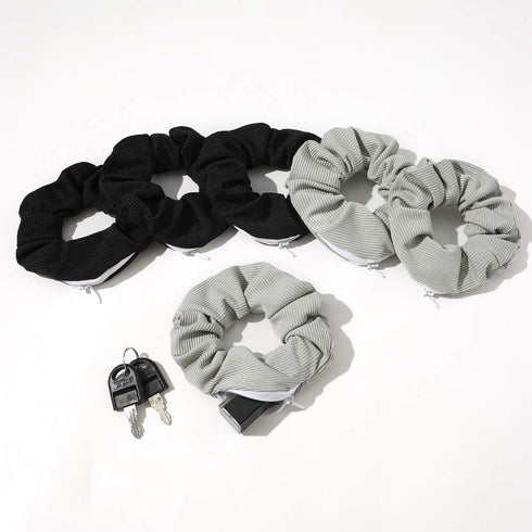 Pocket Scrunchies with Zipper Stash, Hair Ties (Black Gray)