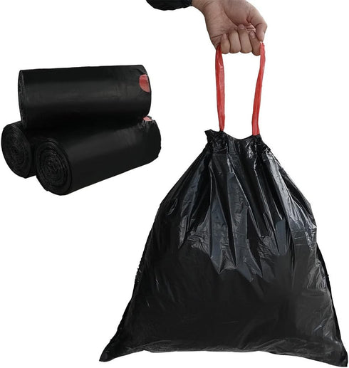 10 Gallon Drawstring Flat Bottom Trash Bags, Black, 110 Counts