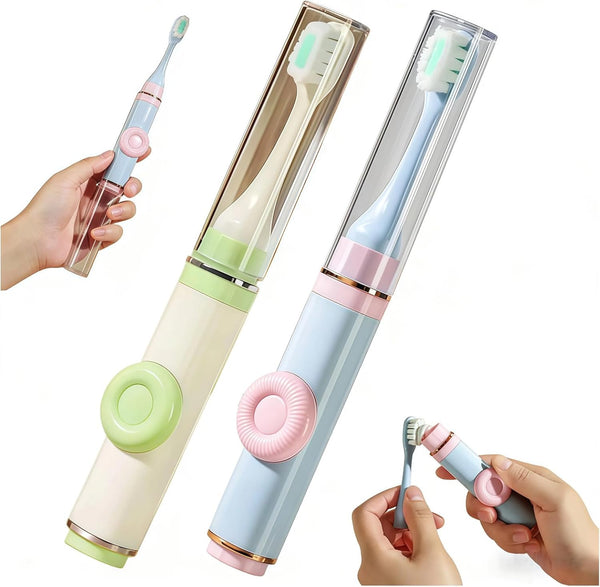 VONMAOGU 2 Pack Foldable Travel Toothbrush Set with Refillable Toothpaste Tube, Portable Folding