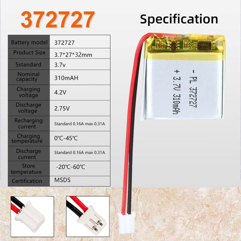 3.7V 310mAh 372727 Lipo Battery Pack, Rechargeable Lithium Polymer with PH2.0mm JST Connector
