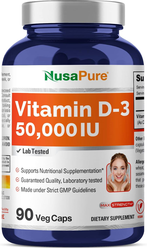 NusaPure Vitamin D3 50,000 IU, 90 Veggie Capsules, Non-GMO, Vegan.