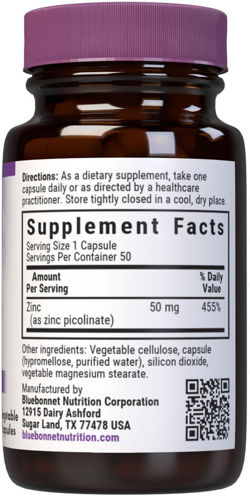 Bluebonnet Nutrition Zinc Picolinate, Hormonal & Immune, Prostate Health, Skin, Vegan, Non GMO, Gluten, Soy & Milk Free, Kosher, White, 50 Count