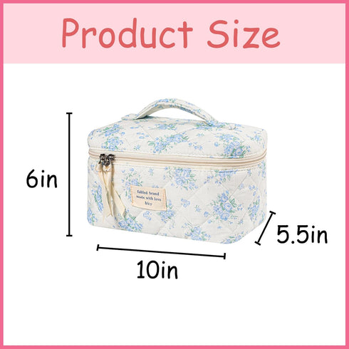 Large Travel Quilted Makeup Bag for Women, Floral Cotton Cosmetic Bag, Coquette Aesthetic Floral Toiletry Organizer Bag