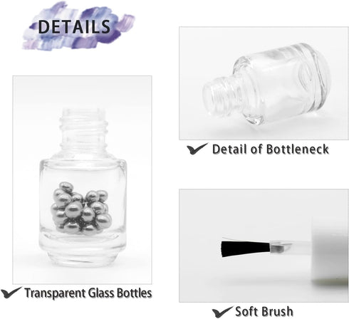 6PCS Empty Nail Polish Bottles with Brush, White Cap, 5ML Clear Glass Refillable Bottles with Mixing Beads & Funnels