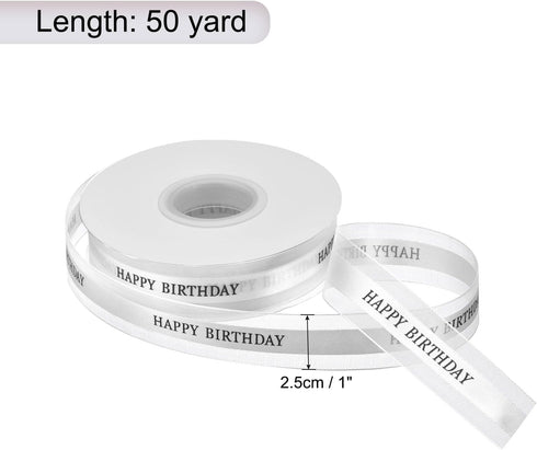 MECCANIXITY 1 Inch 50 Yard Happy Birthday Ribbon Chiffon Organza Satin Ribbon for Gift Wrapping Party Cake Box Bouquet, White by MECCANIXITY